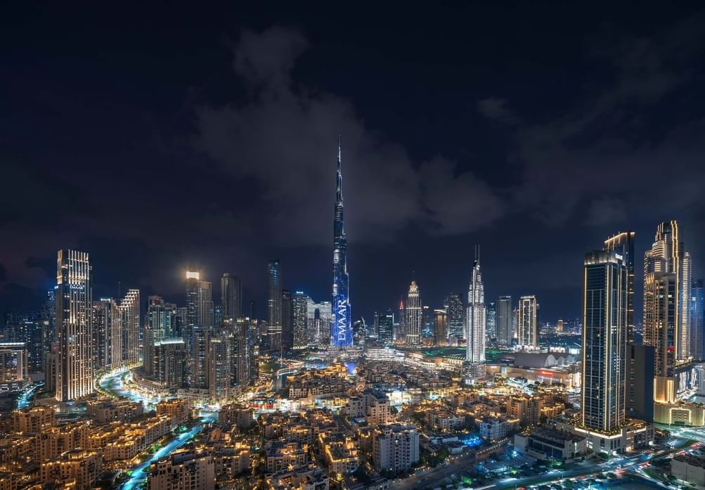 Dubai skyline with Burj Khalifa at night