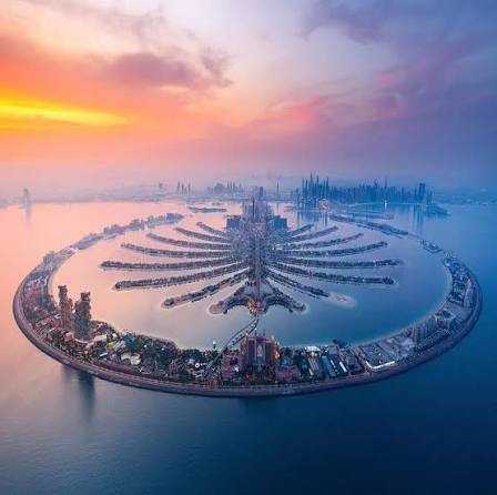 Aerial view of Palm Jumeirah island at sunset